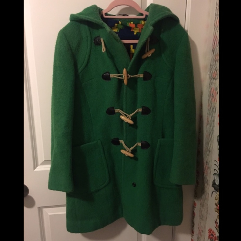 Vintage Green wool hooded coat XL wood buttons